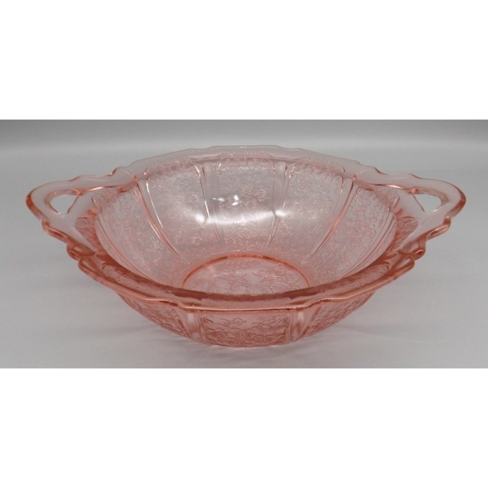 Jeannette Pink Cherry Blossom Depression Glass Handled Bowl Floral Patterns 1930